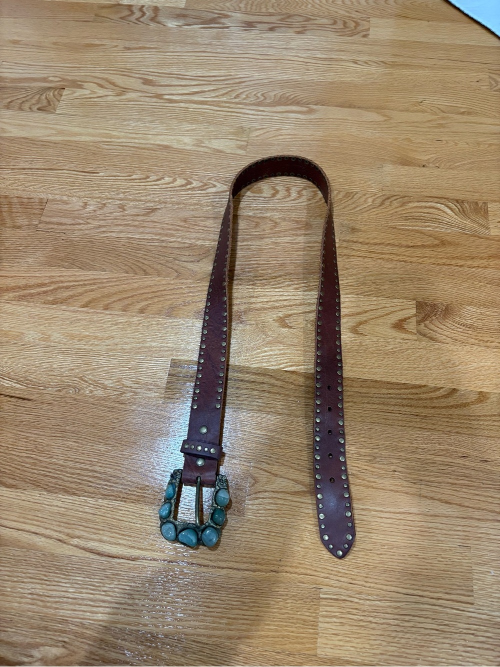 Women's Brown Leather Stud Belt with Turquoise Stone Buckle